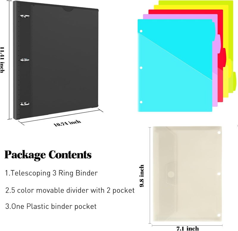 INFUN 1 Inch 3-Ring Telescoping Project Organizer Binder,13 Pocket, Customizable Front Cover, 5 Colors Pocket Divider and Plastic Binder Pocket，225 Sheet Capacity-Black - Image 2